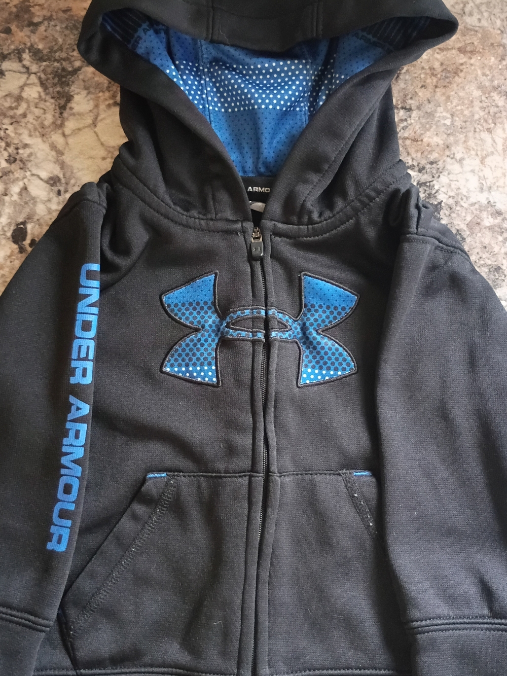 Under Armour Black Hoodie with Blue Logo & Sleeve Text